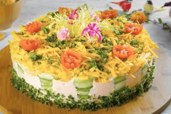 No-Bake Chicken Salad Cucumber Roll Casserole, homemade and freshly served