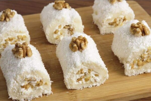 No-Bake Coconut Cream Roll Cake, homemade and freshly served