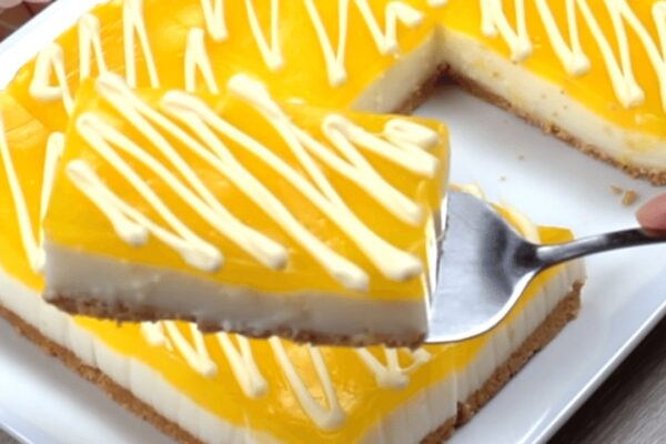 No-Bake Lemon Mousse Cake, homemade and freshly served