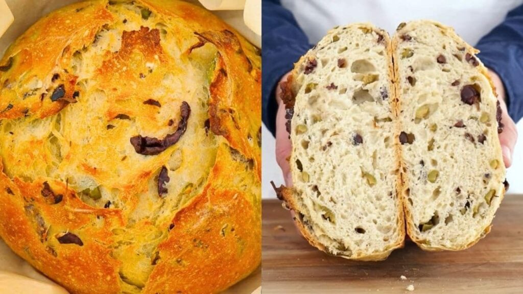 No-Knead Olive Bread, homemade and freshly served