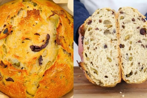 No-Knead Olive Bread, homemade and freshly served