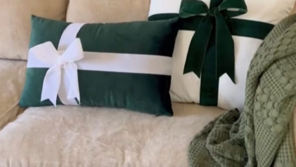 Finished No-Sew Christmas Present Pillows, a completed DIY project