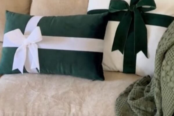 Finished No-Sew Christmas Present Pillows, a completed DIY project