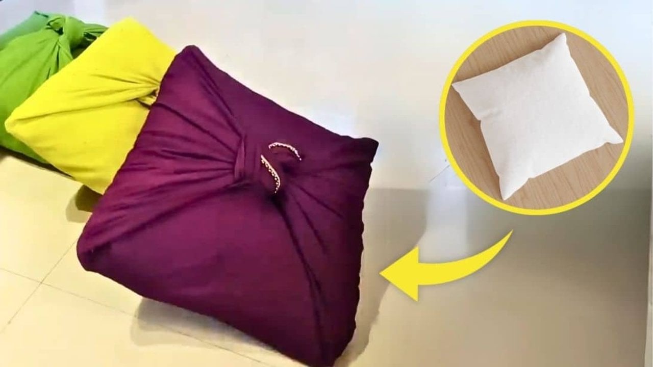 No sew cushion cover graphic showing a purple fabric knotted over a cushion with green and yellow covers behind