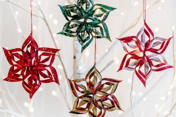 Finished 3D No Sew Fabric Snowflakes, a completed DIY project