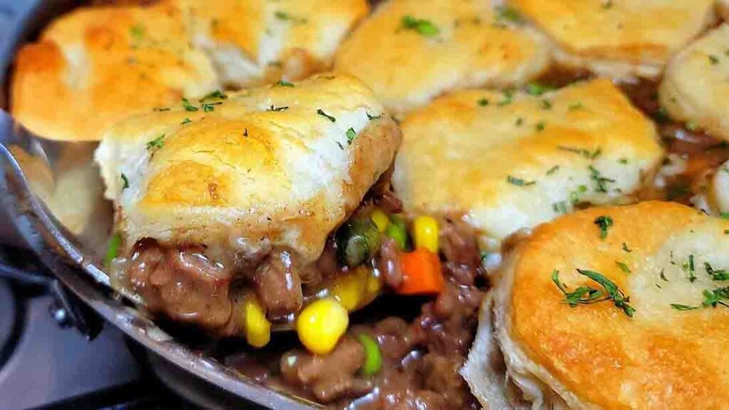 One-Pan Beef Pot Pie, homemade and freshly served