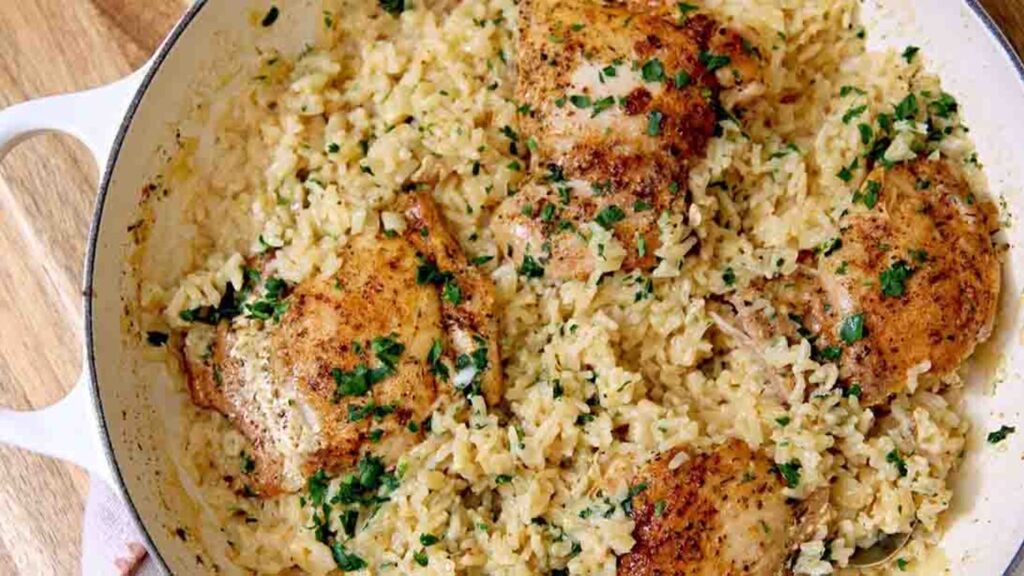 One-Pan Creamy Chicken and Rice, homemade and freshly served