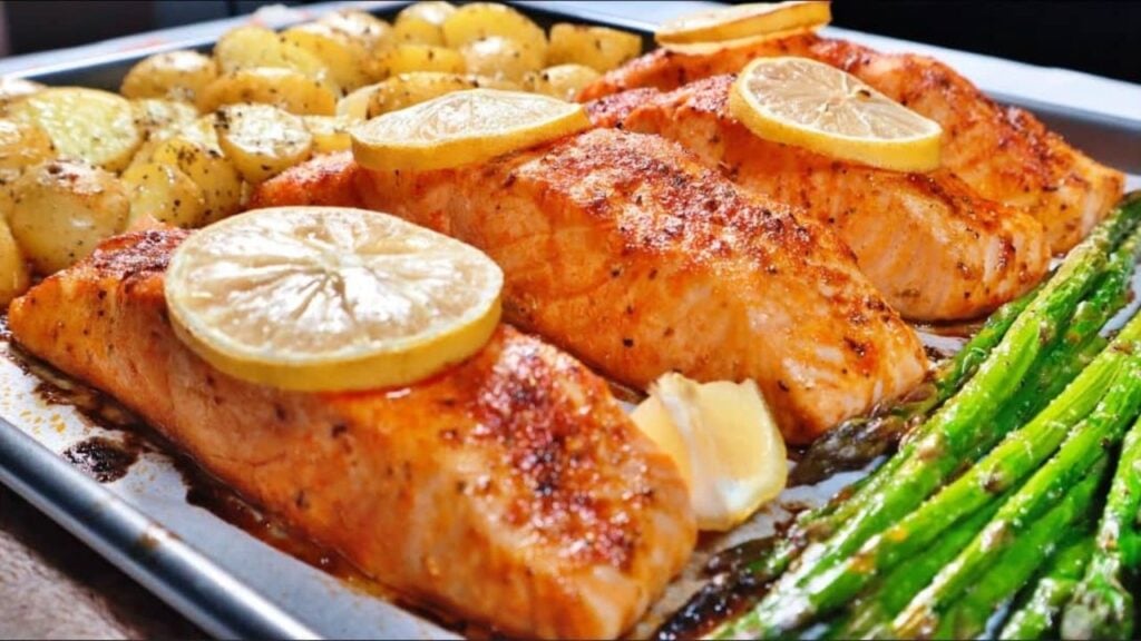 One-Pan Salmon and Vegetable Bake, homemade and freshly served