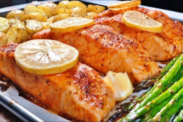 One-Pan Salmon and Vegetable Bake, homemade and freshly served
