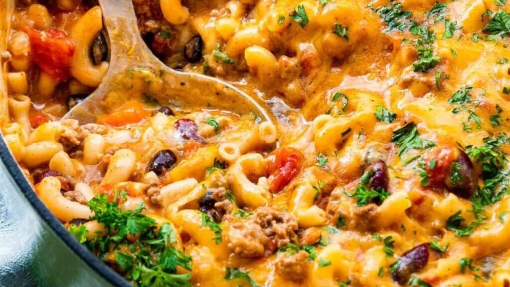 One Pot Chili Mac and Cheese, homemade and freshly served