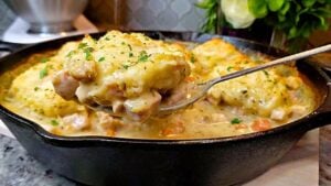 One Pot Creamy Chicken and Biscuits Bake, homemade and freshly served