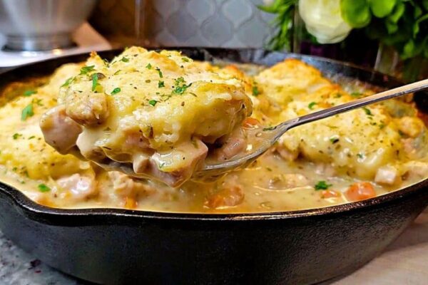 One Pot Creamy Chicken and Biscuits Bake, homemade and freshly served