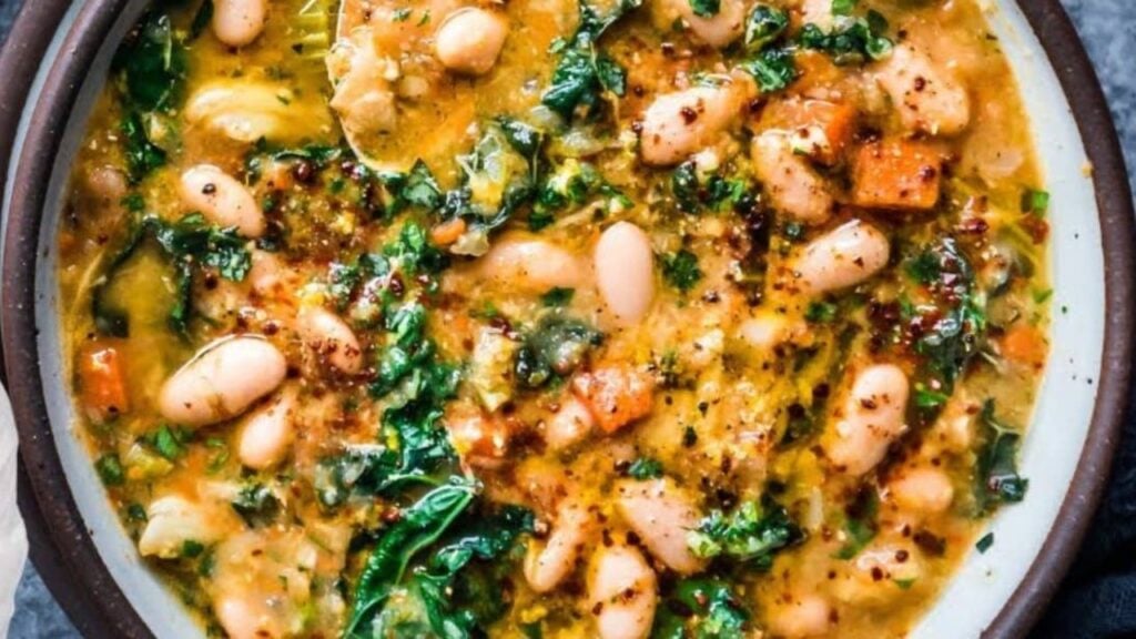 One-Pot Creamy White Bean and Kale Soup, homemade and freshly served