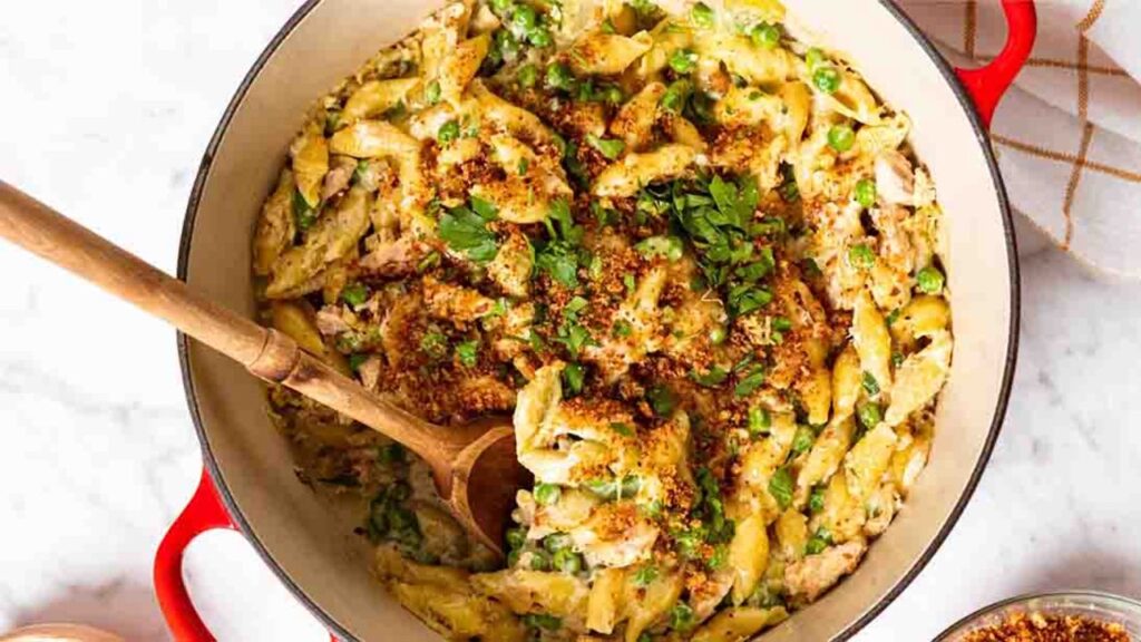 One-Pot Tuna Noodle Casserole, homemade and freshly served