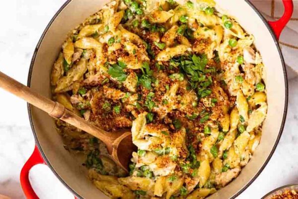 One-Pot Tuna Noodle Casserole, homemade and freshly served