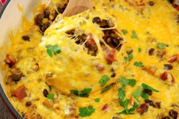One-Skillet Cheesy Mexican Rice, homemade and freshly served