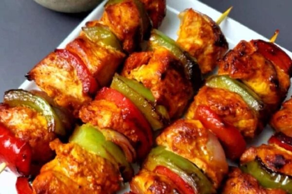 Pan-Fried Chicken Skewers, homemade and freshly served