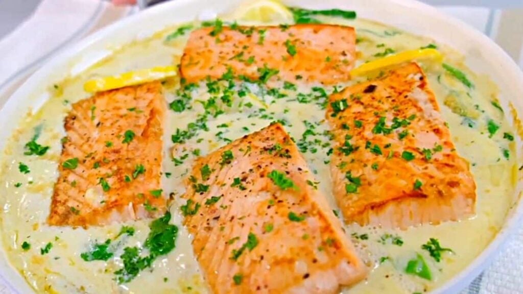 Pan Fried Salmon with Creamy Lemon Sauce, homemade and freshly served