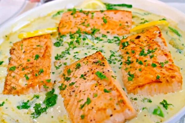Pan Fried Salmon with Creamy Lemon Sauce, homemade and freshly served