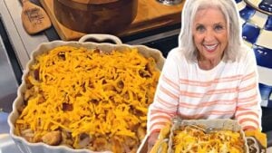 Paula Deen’s Cheesy Garden Casserole, homemade and freshly served