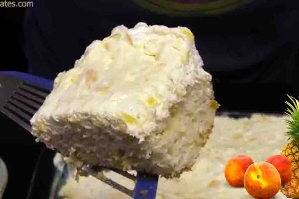 Peach Cake with Pineapple Surprise, homemade and freshly served