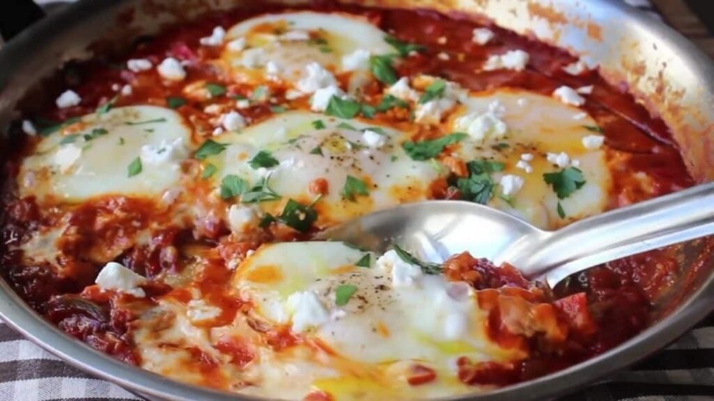 Poached Eggs In Spicy Pepper Tomato Sauce, homemade and freshly served