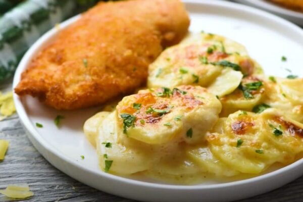 a Delicious Potatoes Au Gratin, homemade and freshly served