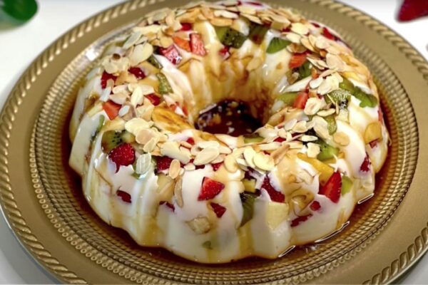 A Pudding and Fruit Dessert Mold, homemade and freshly served