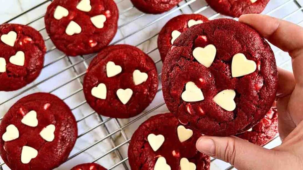 Chewy Red Velvet Chocolate Chip Cookies, homemade and freshly served