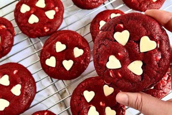 Chewy Red Velvet Chocolate Chip Cookies, homemade and freshly served