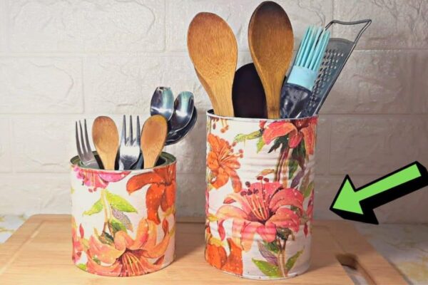 Finished Repurposed Tin Can Storage Craft, a completed DIY project
