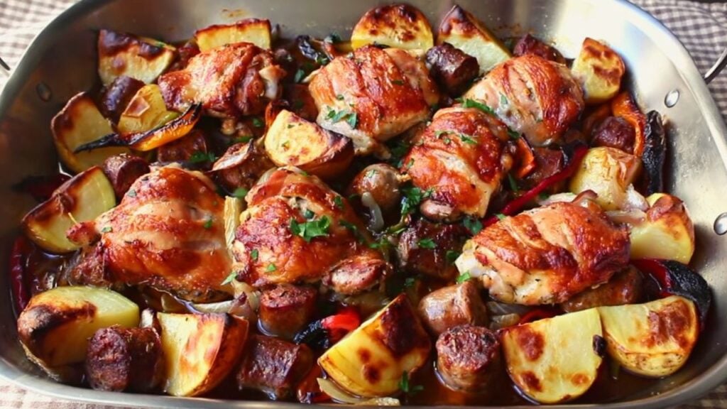 Roasted Chicken, Sausage, Peppers & Potatoes, homemade and freshly served