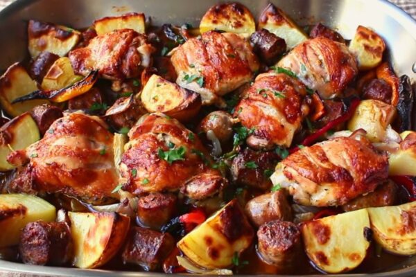 Roasted Chicken, Sausage, Peppers & Potatoes, homemade and freshly served