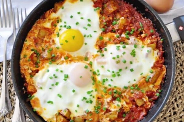 Roasted Potatoes And Eggs Breakfast Skillet, homemade and freshly served