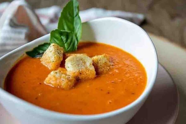 Roasted Red Pepper and Tomato Soup, homemade and freshly served