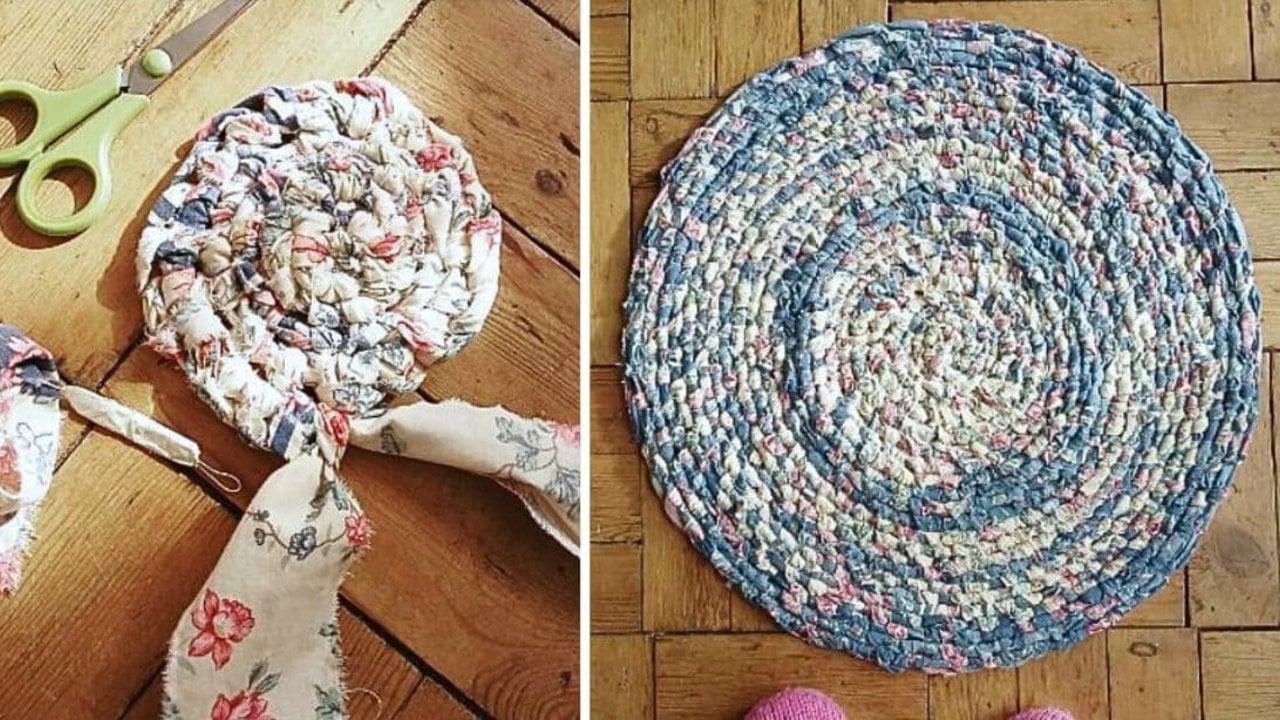 Round Amish knot DIY rug made from torn bed sheet strips in blue, cream and pink spiralling out on a wood floor