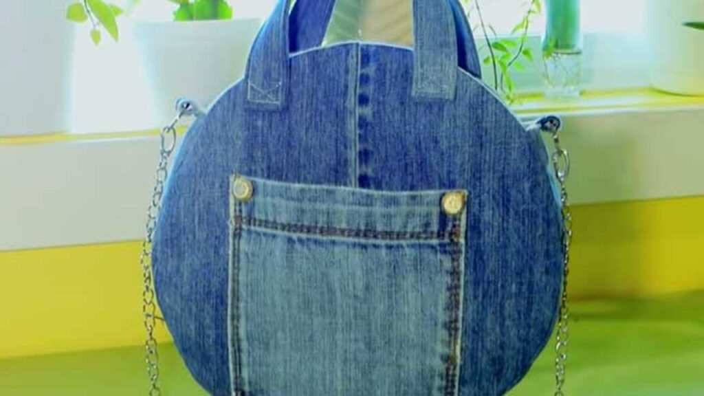 Finished Round Handbag Made From Old Blue Jeans, a completed DIY project