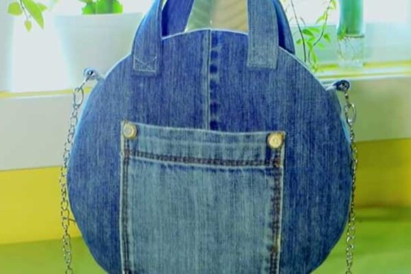 Finished Round Handbag Made From Old Blue Jeans, a completed DIY project