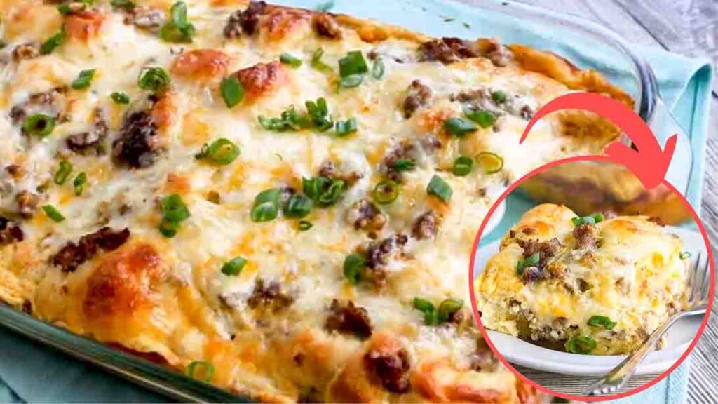 Sausage Crescent Roll Breakfast Casserole, homemade and freshly served