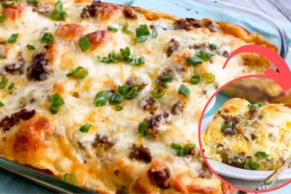 Sausage Crescent Roll Breakfast Casserole, homemade and freshly served