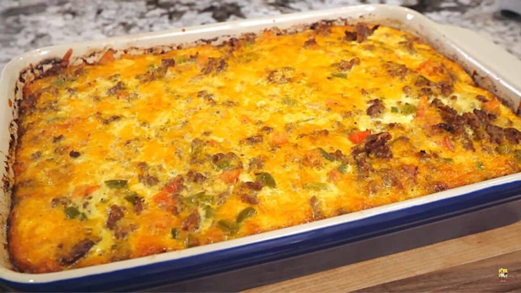 Sausage Hash Brown Breakfast Casserole, homemade and freshly served