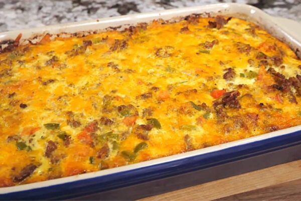 Sausage Hash Brown Breakfast Casserole, homemade and freshly served