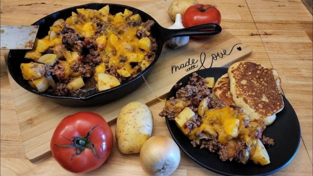 Shareable Skillet Cowboy Casserole, homemade and freshly served
