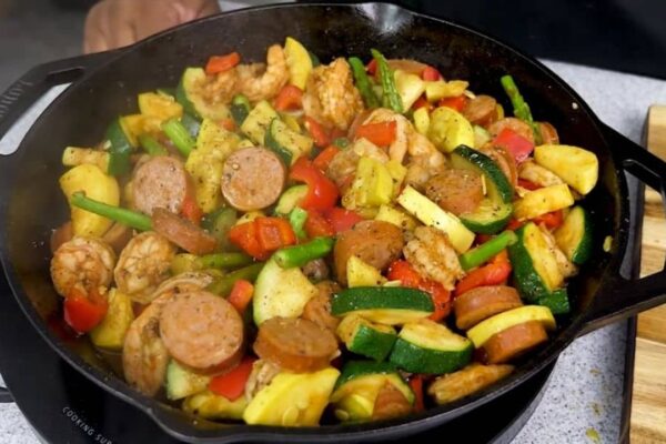 Skillet Cajun Shrimp, Sausage, and Vegetable, homemade and freshly served