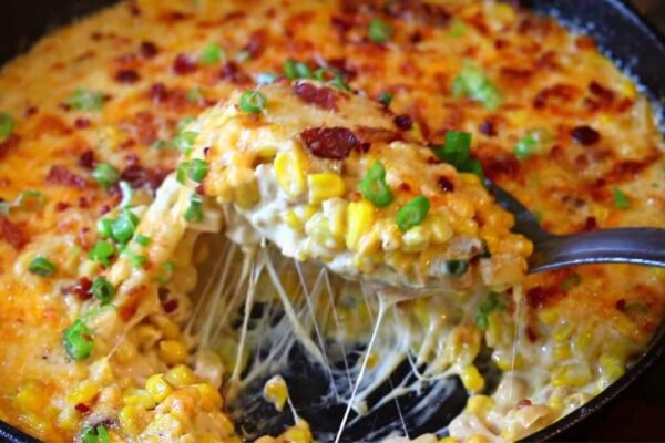Skillet Cheesy Corn Gratin w/ Bacon, homemade and freshly served