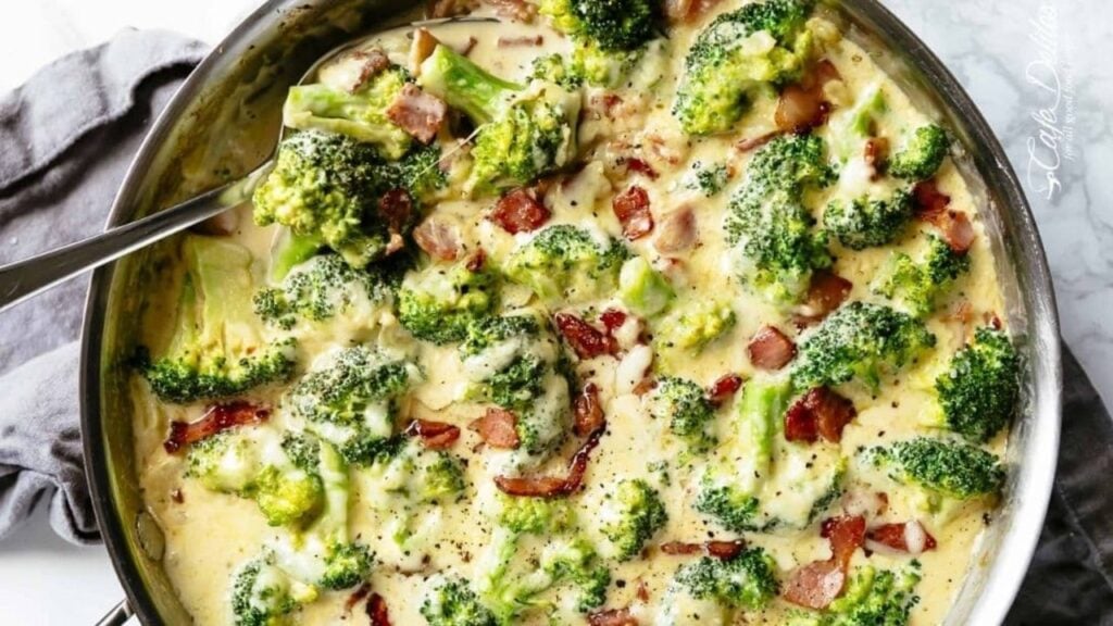 Skillet Creamy Garlic Parmesan Broccoli & Bacon, homemade and freshly served