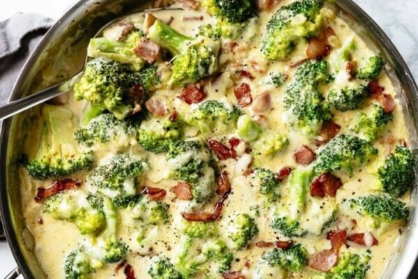 Skillet Creamy Garlic Parmesan Broccoli & Bacon, homemade and freshly served