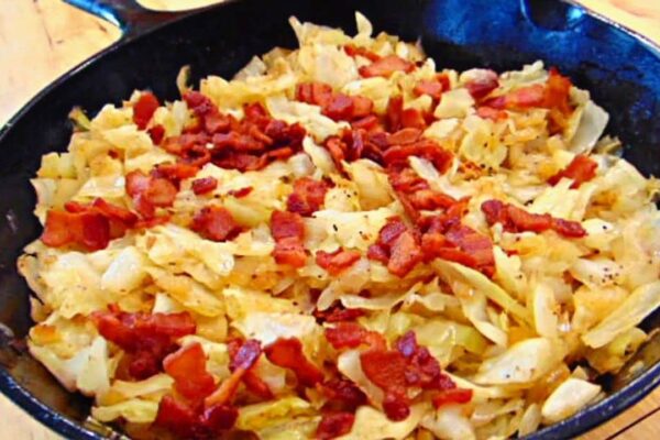 Skillet Fried Bacon And Cabbage, homemade and freshly served