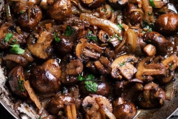 Skillet Stir-Fried Garlic Butter Mushrooms & Onions, homemade and freshly served