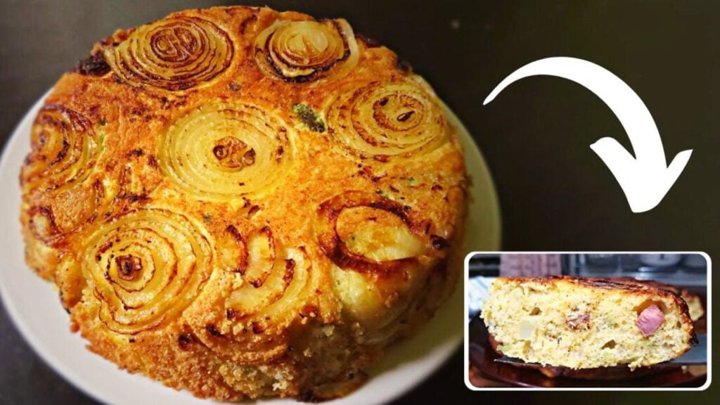 Skillet Upside-Down Onion Cornbread, homemade and freshly served